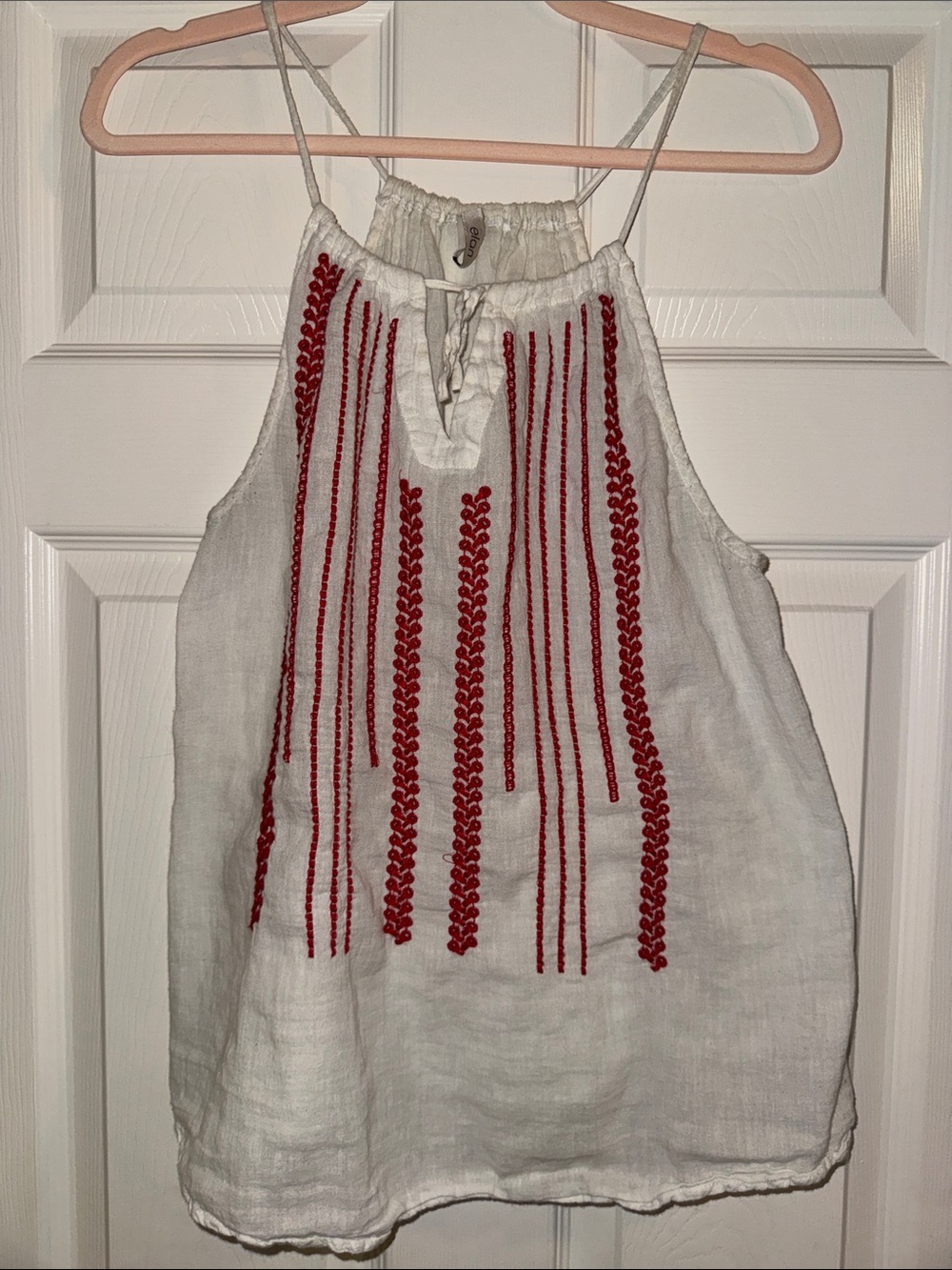 Elan White Linen-Blend Halter with Red Embroidery